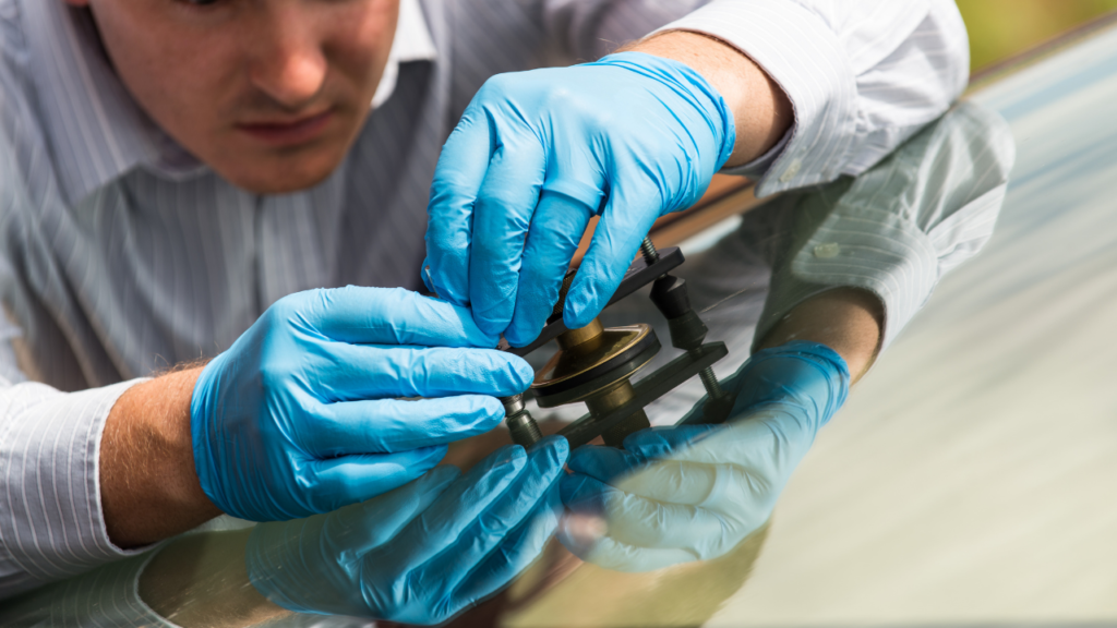 A Windshield Repair Technician With Blue Gloves Using A Delta Repair Took To Fix A Chipped Windshield.